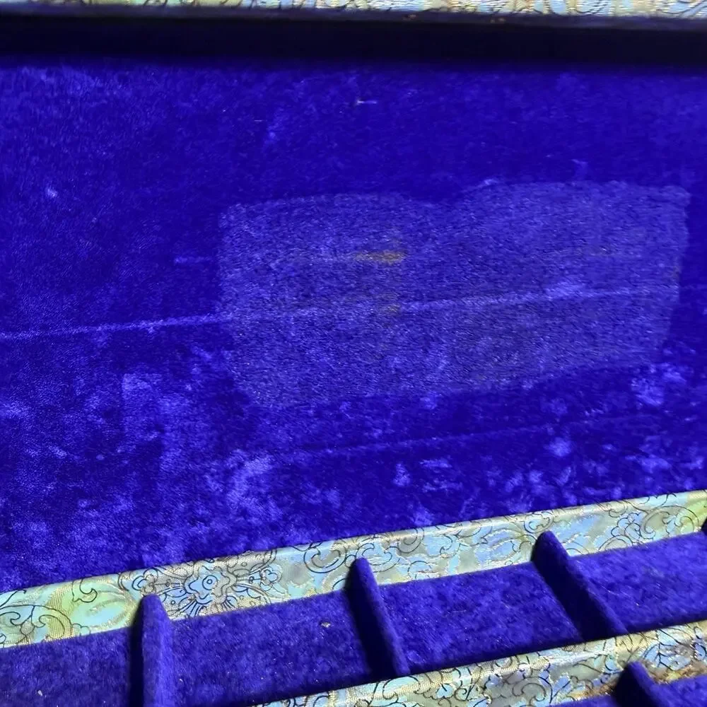 Mid Century Groovy Blue Green Floral Jewelry Box Velvet Lining Dresser Box 14
